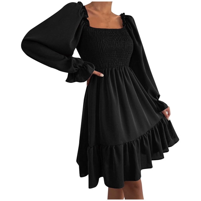QIPOPIQ Robe Mini Décontractée 2024 pour Femme à Manches Longues, Col Carré Smocké, Taille Élastique, Fluide, à Volants, Liquidation