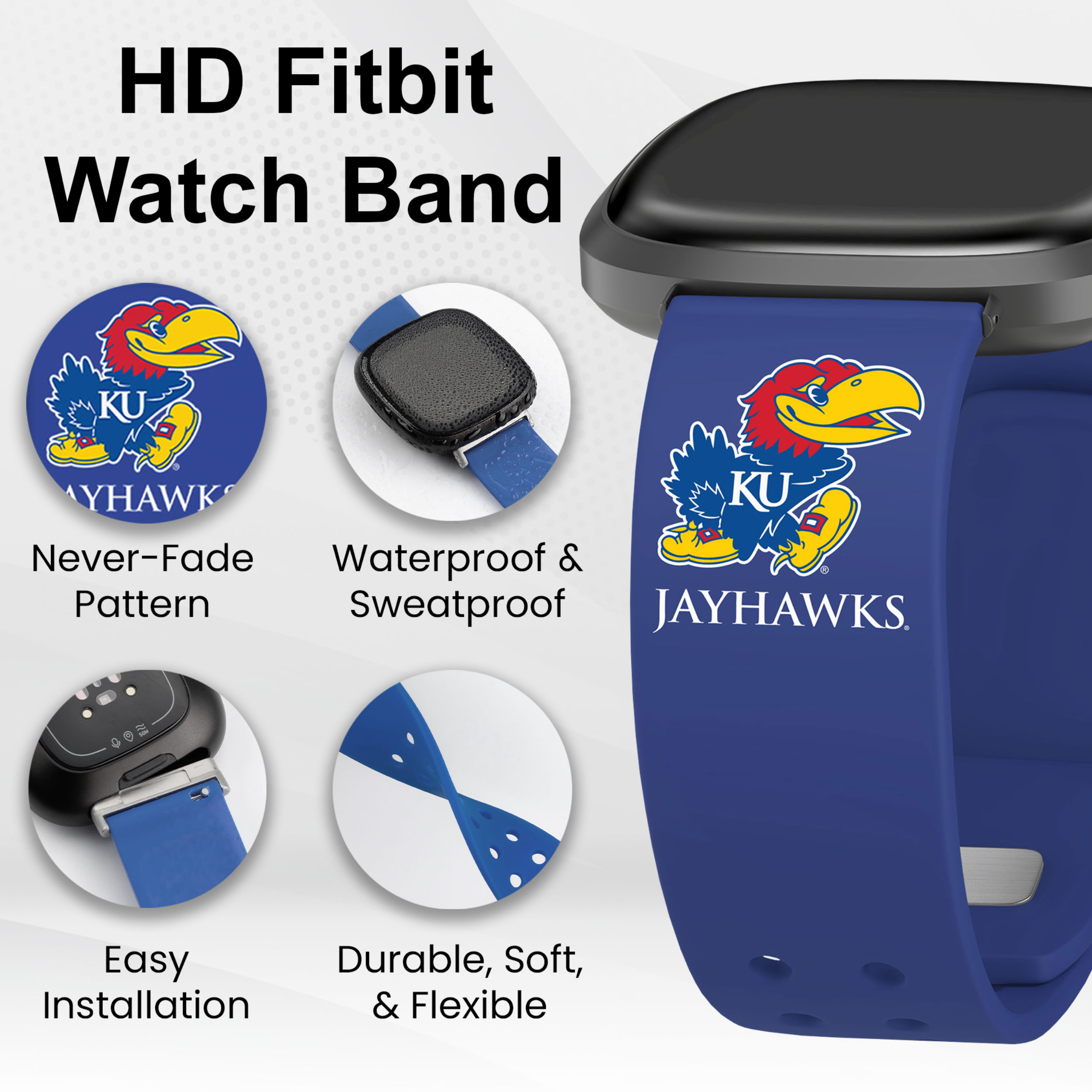 Jayhawks HD Elite Edition Unisex Watch Band for FitBit Versa 3 & Sense (Short)