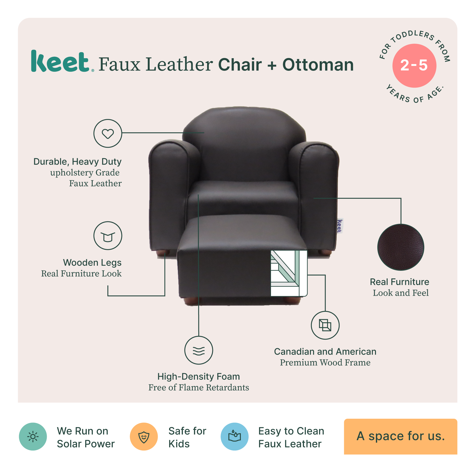 Keet Premium Chocolate Children's Chair, Heavy Duty Faux Leather with Ottoman