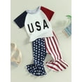 thumbnail image 3 of Binpure Kid Girls Summer Pants Sets, Short Sleeve Crew Neck Letters Print T-shirt with Stars Stripes Print Flare Pants, 3 of 6