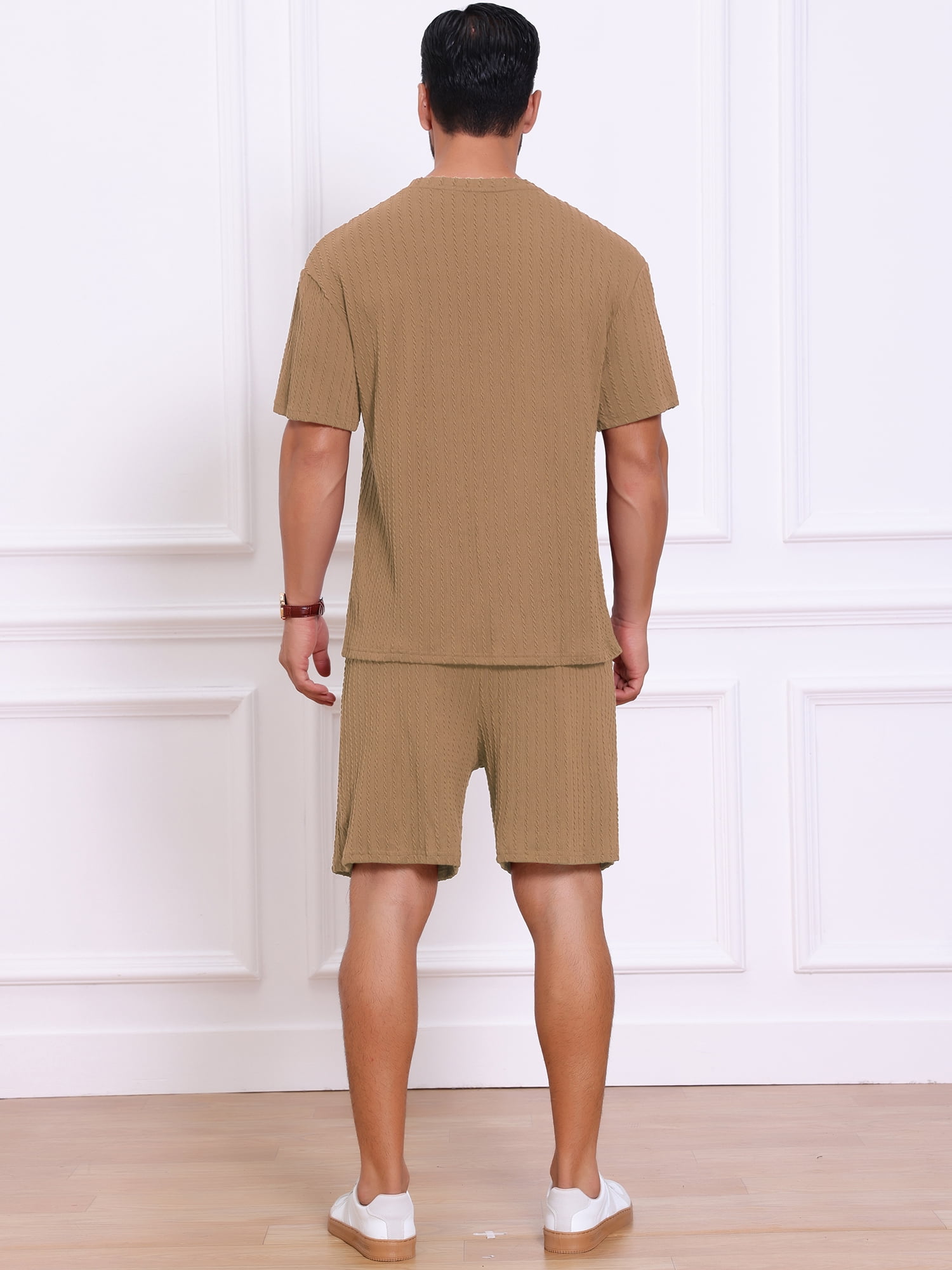 DARING DIVA Men's 2 Pieces Texture Crew Neck Shirt Top and Shorts Outfits 2XL Brown