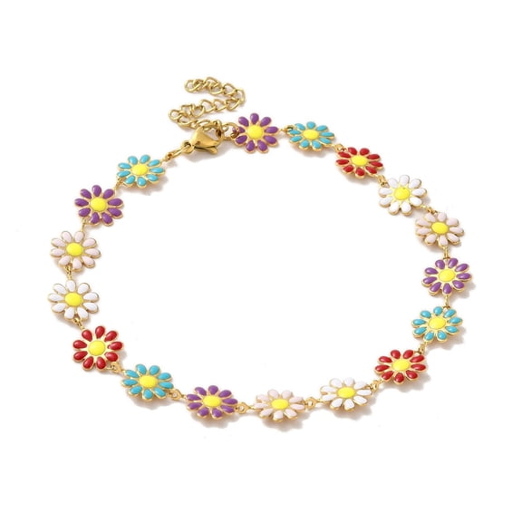 304 Stainless Steel Anklet Enamel Daisy Flower Chain for Women Golden 9-1/2 inch(24cm)