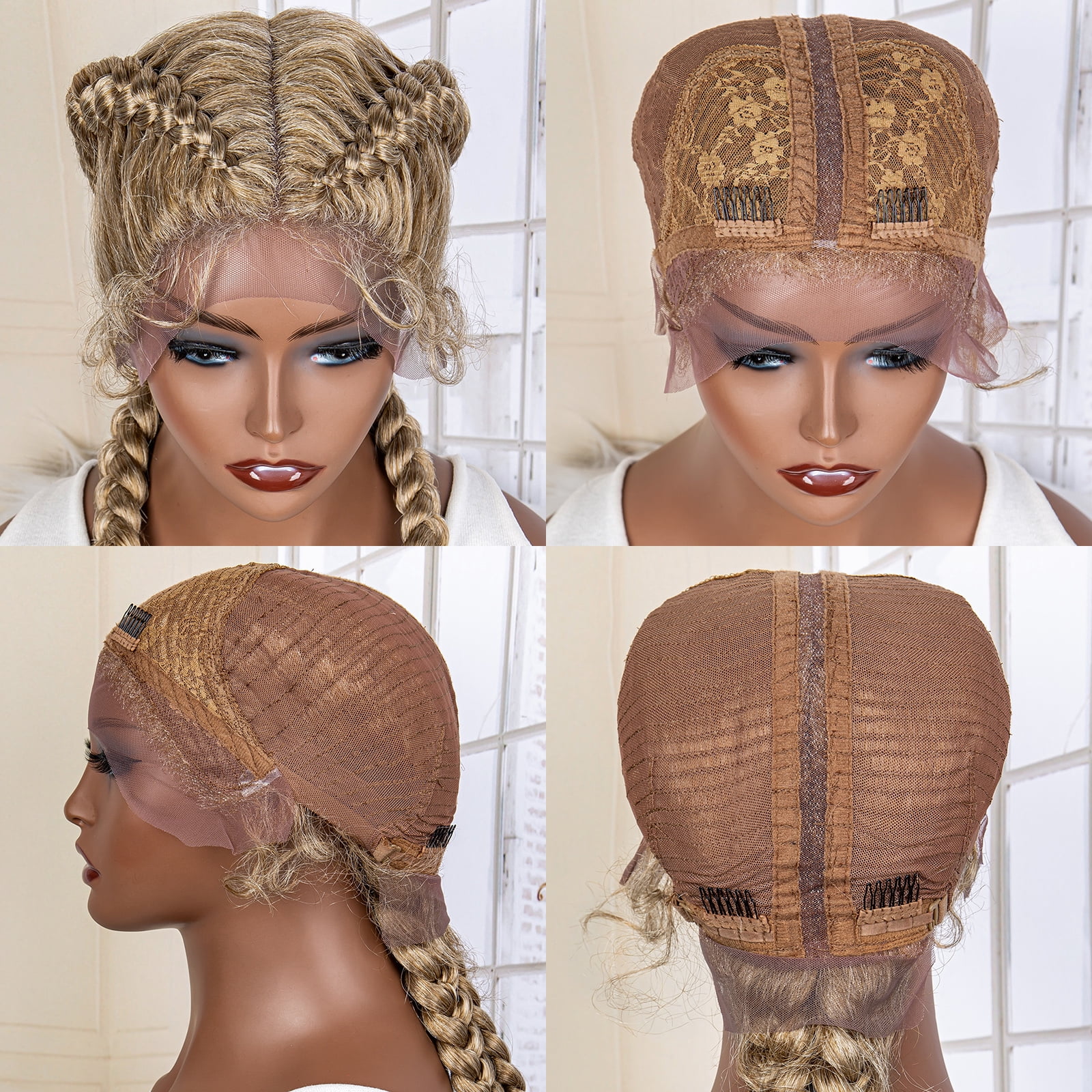 36 Inches Long Lace Front Synthetic Braided Wigs Lace Front Twins Cornrow Braided Wig for Black Women with Baby Hair Middle Part (27/613 Color)