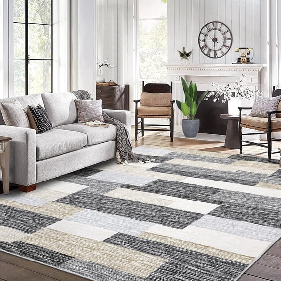 Memoryfield 4' x 6' Modern Geometric Patchwork Area Rug, Washable Low-Pile Non-Slip Soft Carpet, for Living Room, Bedroom, Gray/Beige