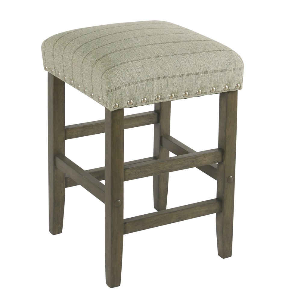 Wooden Counter Stool with Stripe Pattern Fabric Padded Seat, Gray and