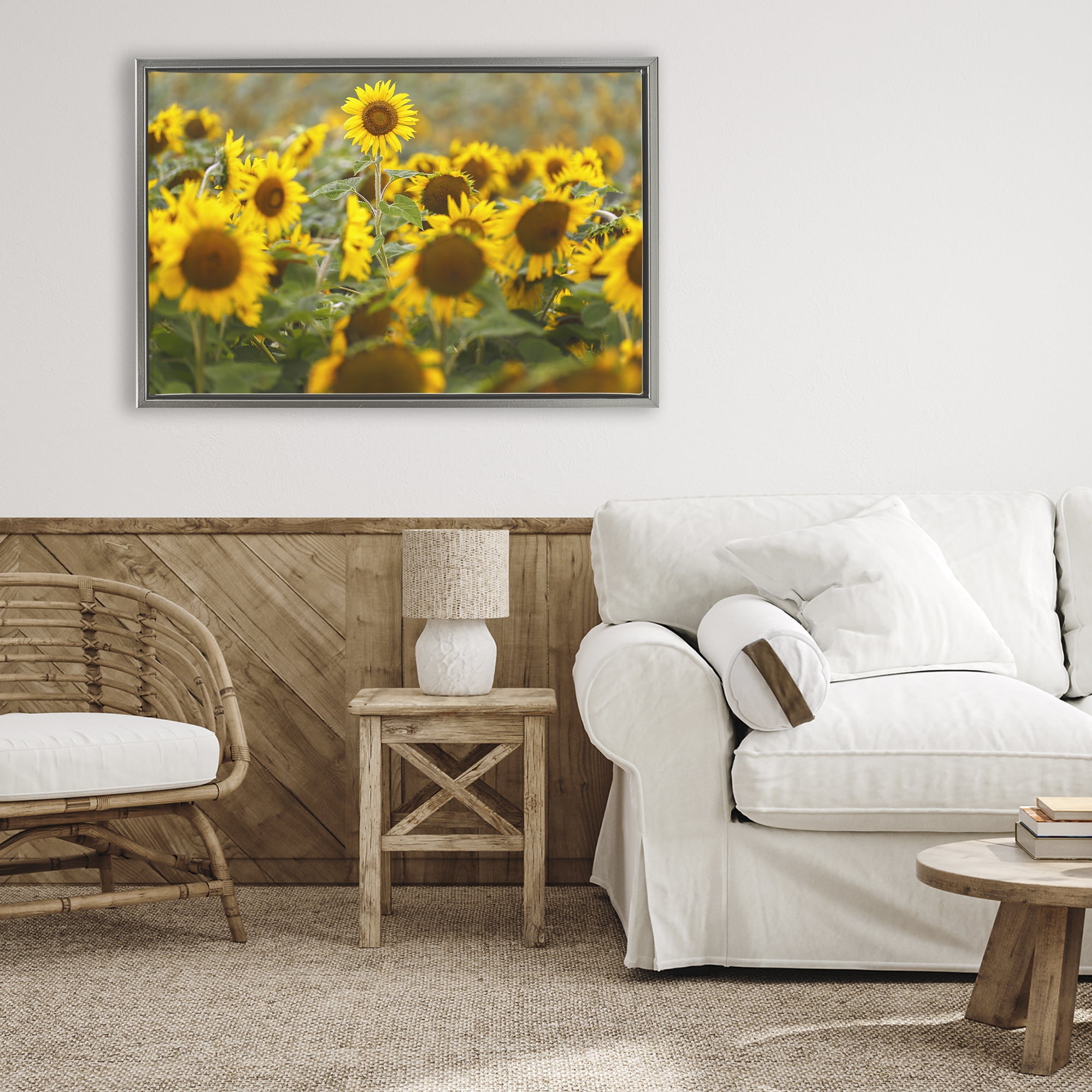 Central Sunflower in Meadow Gray Framed Floater Canvas Wall Art, design by Andy Crawford