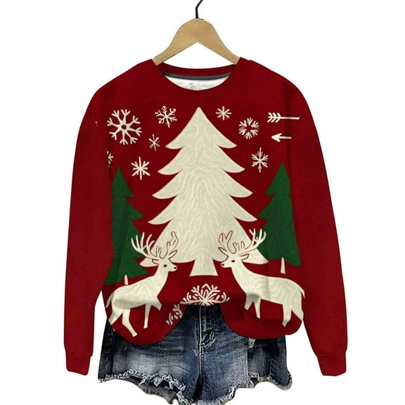Women and Men Christmas Tops Christmas Tree Sweaters Printed Knit Shirts Fleece Thicken Sweatshirt Merry Christmas Pullover Christmas Couple Outfits