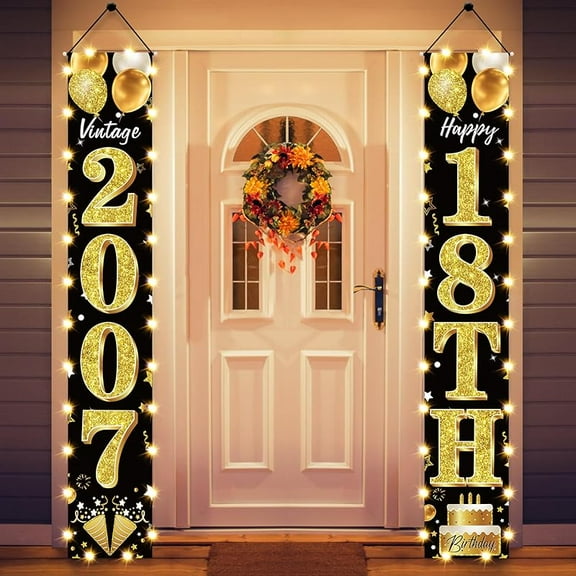 18th Birthday Decorations Lighted Banner for Men and Women - Black Gold Vintage 1955 70th Birthday Door Banners with LED Light, Seventy Years Bday Party Supplies for Indoor Outdoor Decor