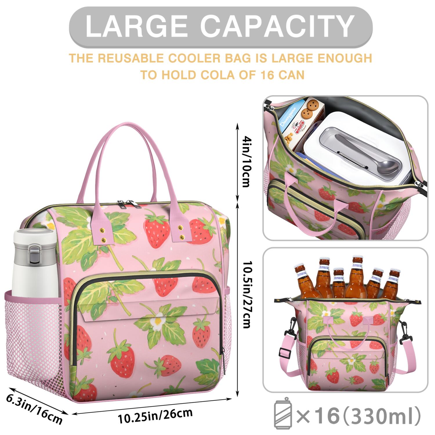 Large Cooler Bag Insulated Bags for Working Women,Leakproof Lunch Box with Multi Pockets for Adult,Insulated Lunch Box for Beach,Picnic,Work,Strawberry