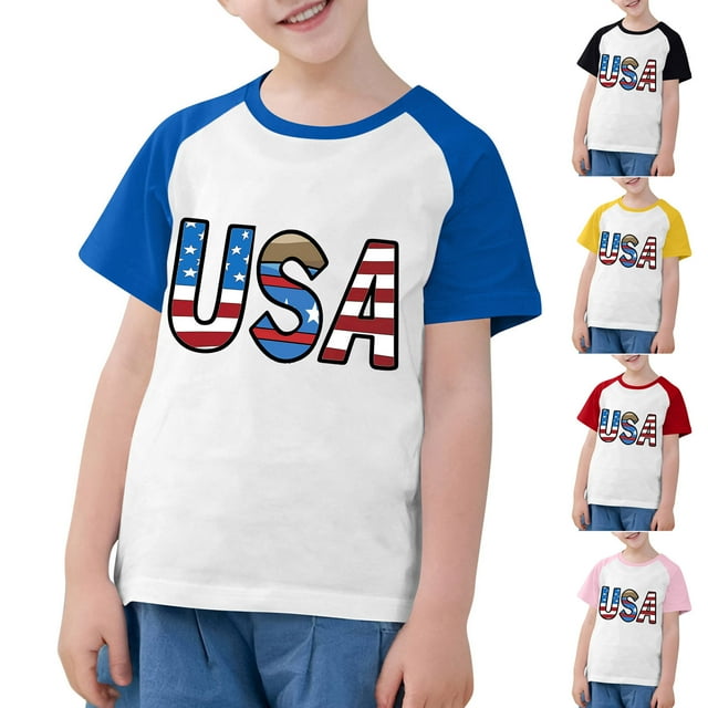 MKOSPLRT USA Shirts T-Shirts pour Tout-Petits American Flag Shirts Manches Courtes à Blocs de Couleur Raglan T-Shirts Col Rond T-Shirts de la Fête de l'Indépendance T-Shirts de Rentrée