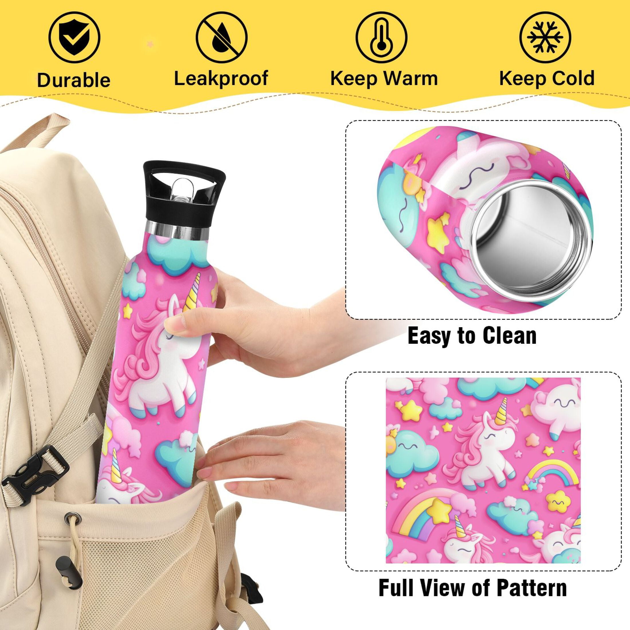 Kids Insulated Stainless Steel Sports Water Bottle 600ml (20oz) Unicorns and Clouds