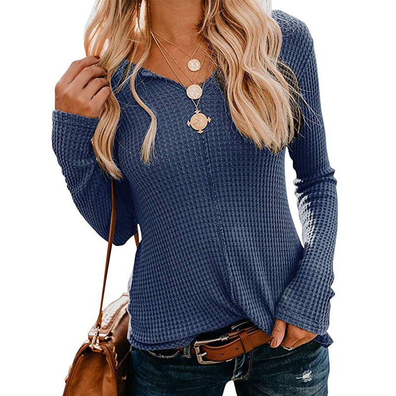 YYear Womens Solid Regular Fit Waffler Knit Tops V Neck Long Sleeve Top Blouse T-Shirt 