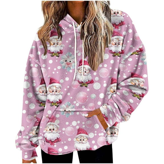 Enjoytime Hoodies for Women Christmas Cute Printed Long Sleeve Sweatshirt Fall Winter Warm Loose Casual Pullover Hoodie Pink M