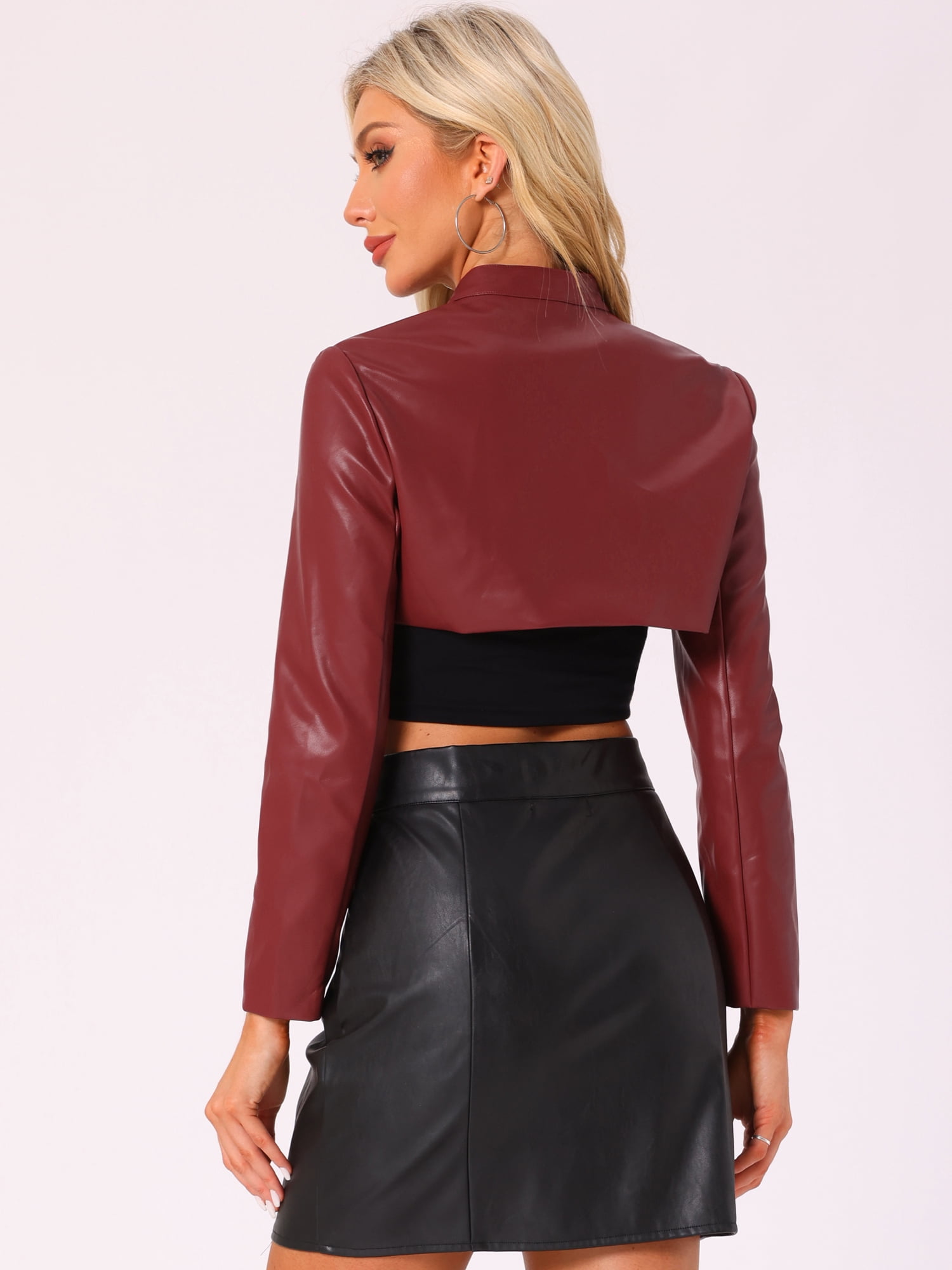 DARING DIVA Women's Faux Leather Cropped Stand Collar Zipper Front Moto Jacket L Dark Red