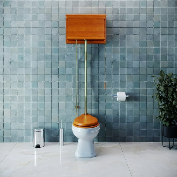 High Tank Pull Chain Toilet Elongated Rear Entry Bowl 1.6 GPF Light Mahogany Finish 70"- 74" Renovator's Supply