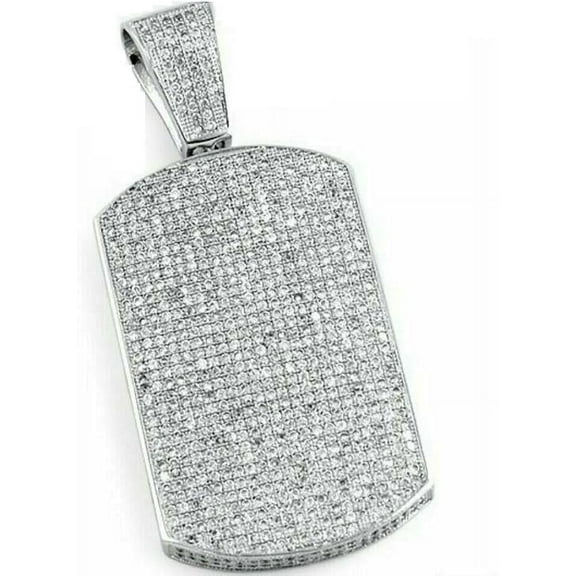 2Ct Round Cut Simulated Diamond Men's Dog Tag Pendant 14K White Gold Plated Silver