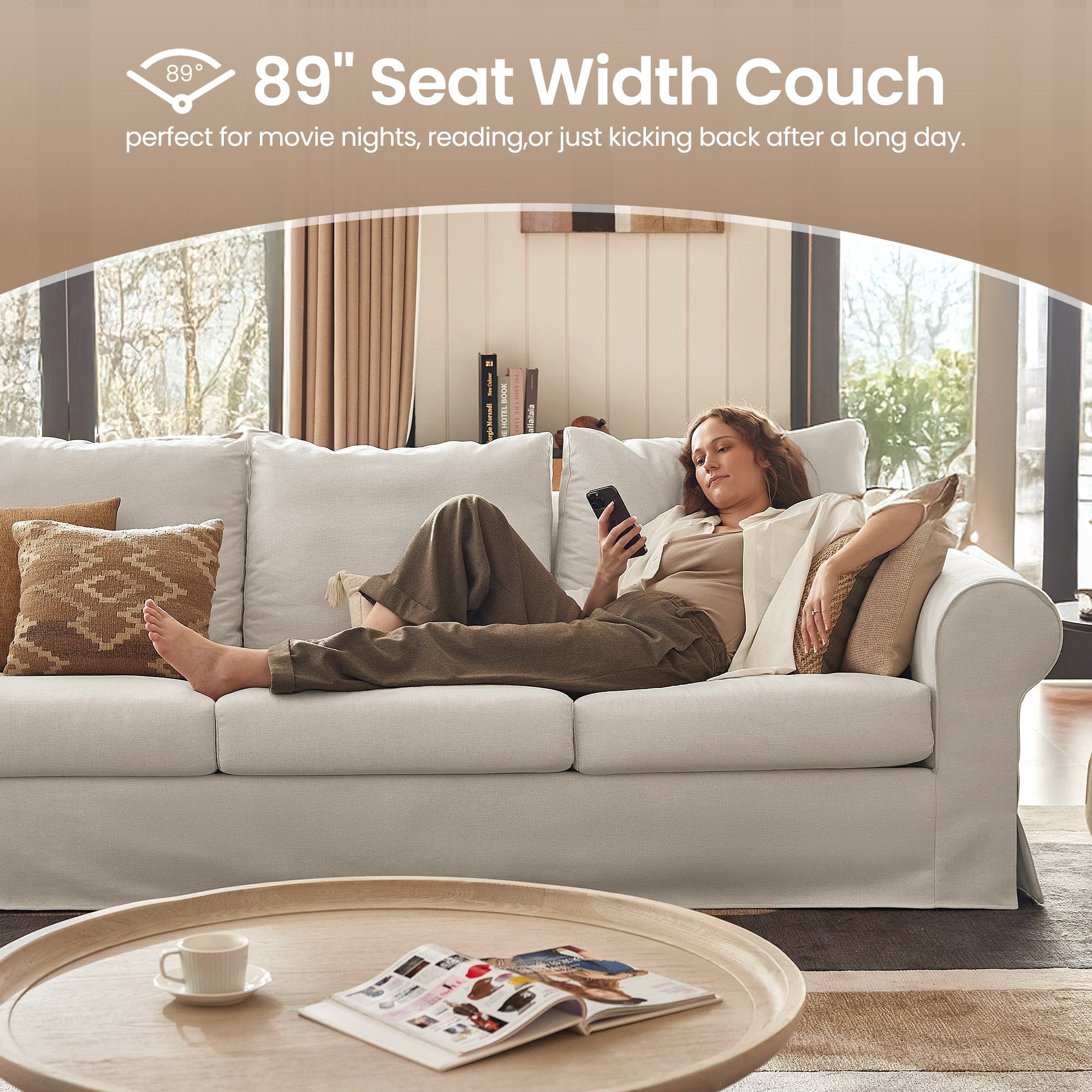 Vorthio 89" 3-Seater Couch for Living Room, Contemporary Fabric Sofa with Rolled Arm, White