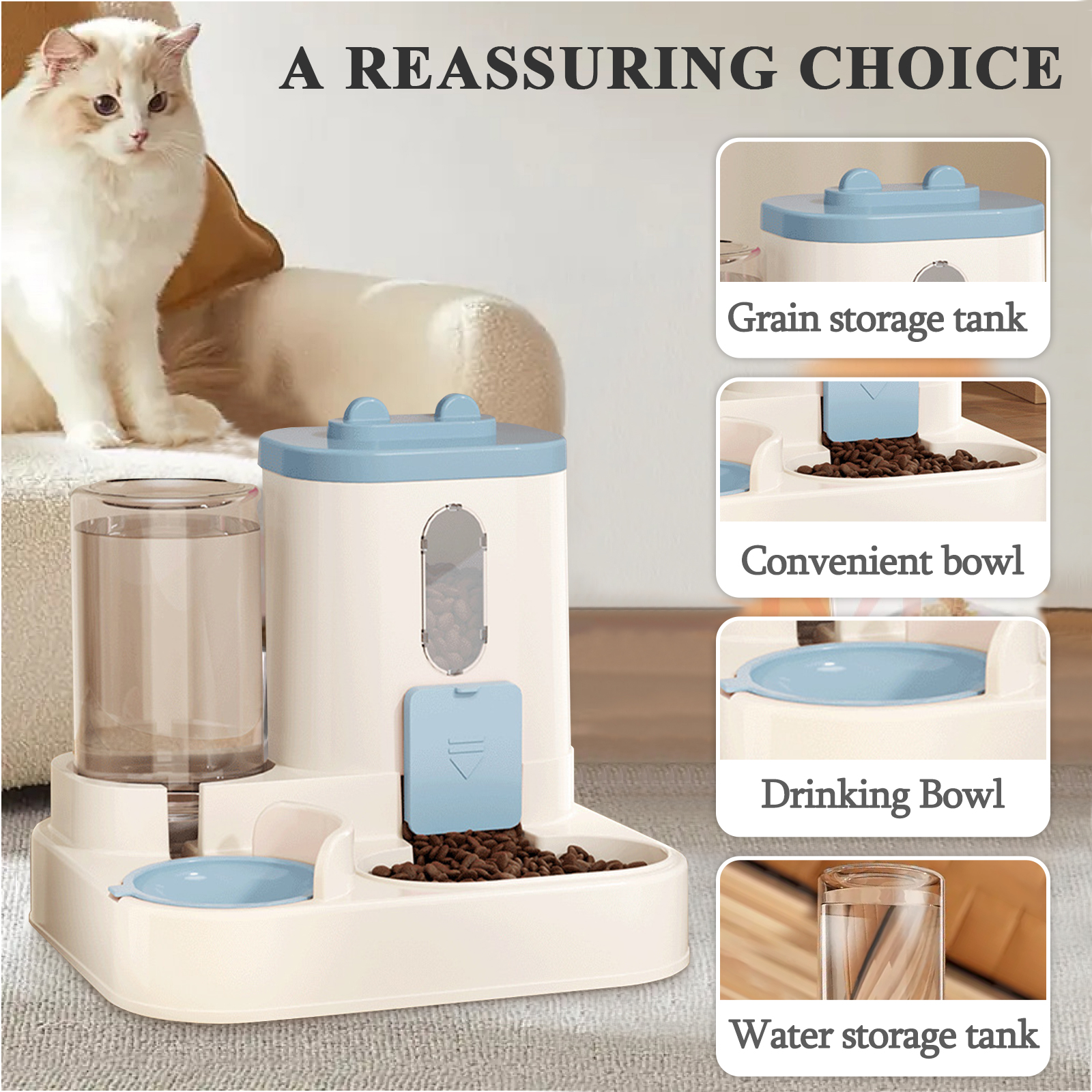 2 in 1 Pets Feeder and Water Dispenser Combo Set, Pet Cat Dog Automatic Feeder and Water Dispenser for Small and Medium Pets Cats Dogs, Blue