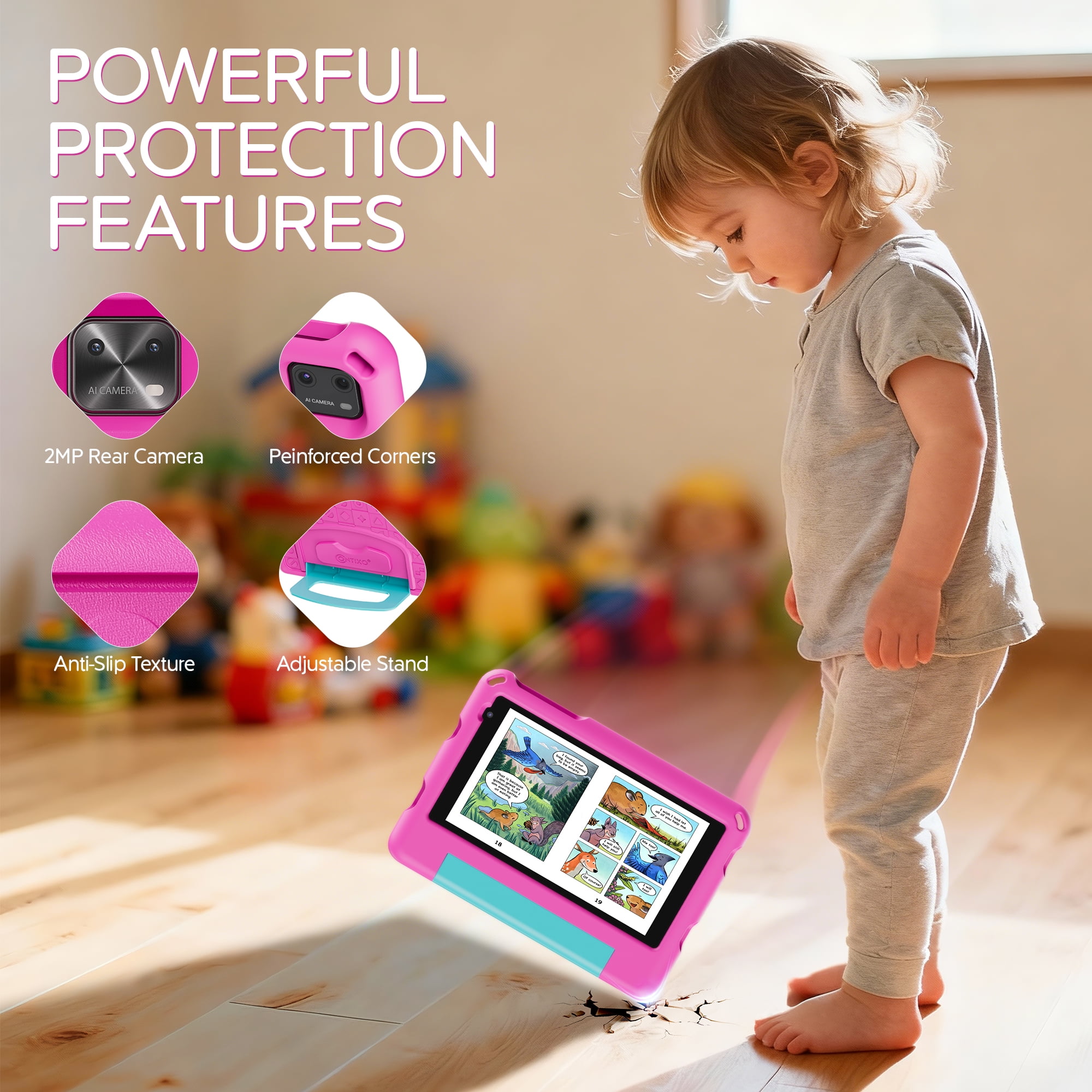 Contixo A7 Kids Tablets 2026 Model, Educational Tablets for Kids with Parental Controls & Kid-Proof Case, 7”, Pink