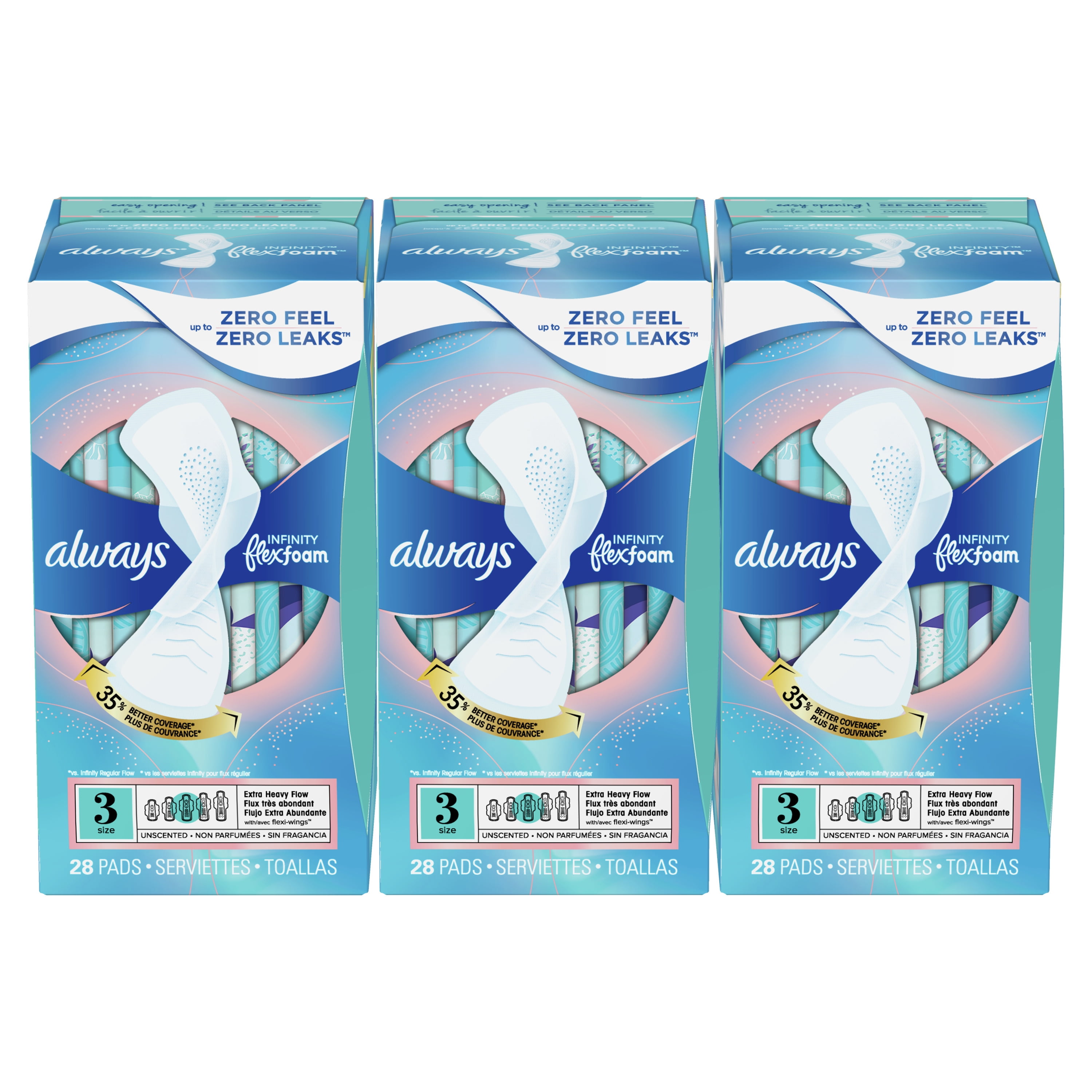 Always Infinity Feminine Pads for Women, Size 3, Extra Heavy Flow, with Wings, Unscented, 84 Ct