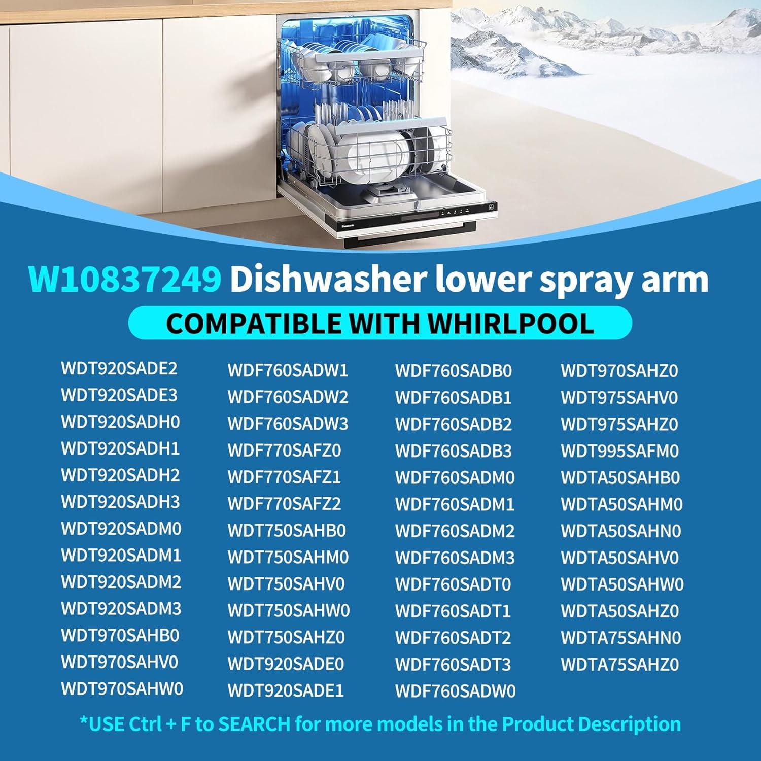 W10837249 Dishwasher Lower Spray Arm Replacement for Whirlpool Dishwasher, Lower Wash Arm Fits WDT750SAHZ0 WDTA50SAHZ0 WDT970SAHZ0, Replaces W10629546 AP5988717 PS11727921 W10838302
