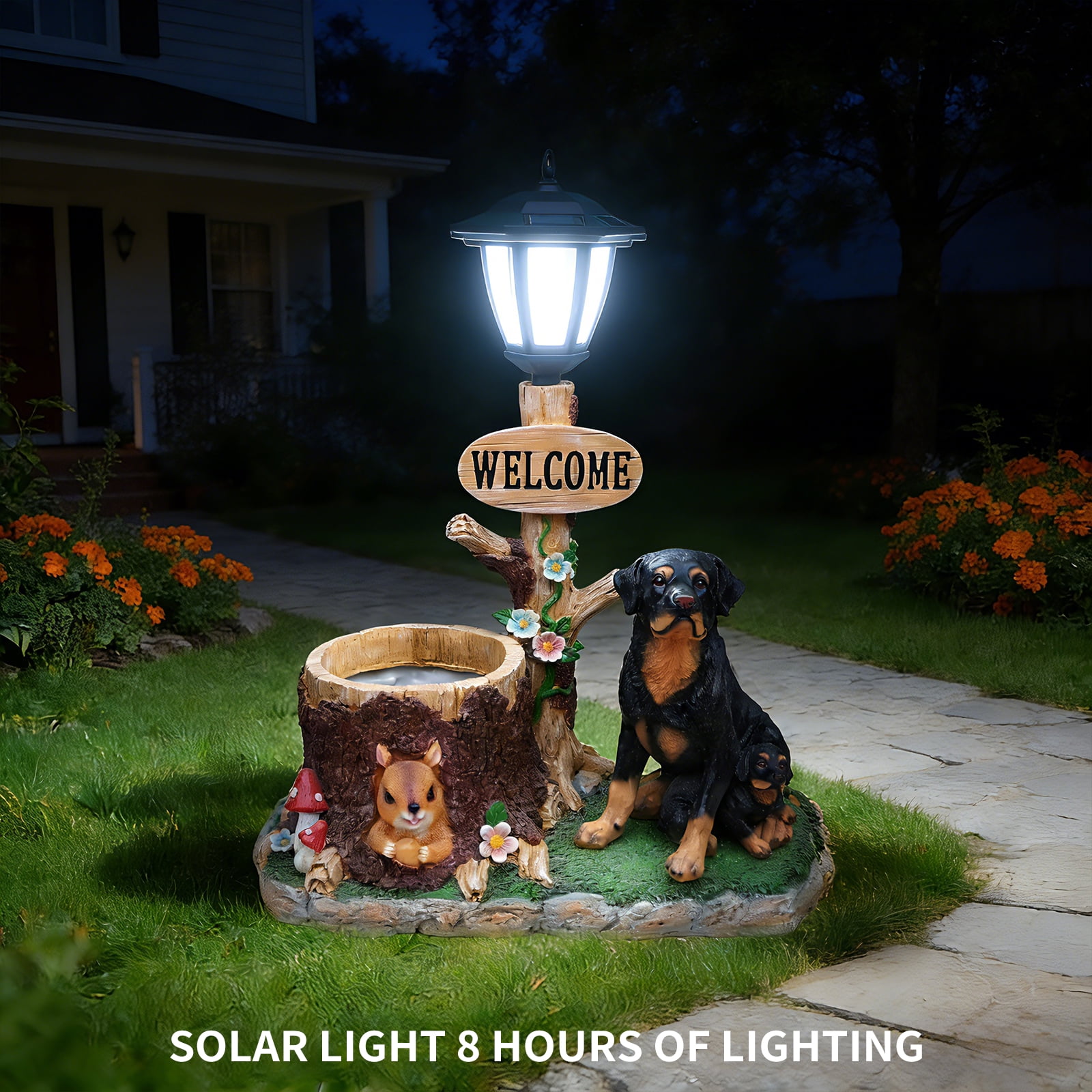 25.59" H Solar Rottweiler Planter with Welcome Sign & Lantern,Resin Dog Flower Pot,Shatterproof Fade Resistant Outdoor Garden Statue for Yard Patio Lawn Decor,Brown+Black