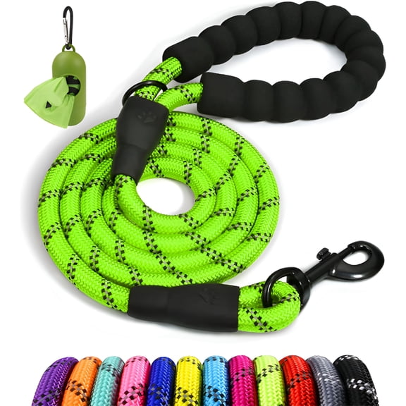 GASTROPOD Rope Dog Leash 5 FT with Comfortable Padded Handle, Highly Reflective Threads Leash and Anti-Tangle Clip for Walking Medium Large Dogs, 1/2 inch, Green