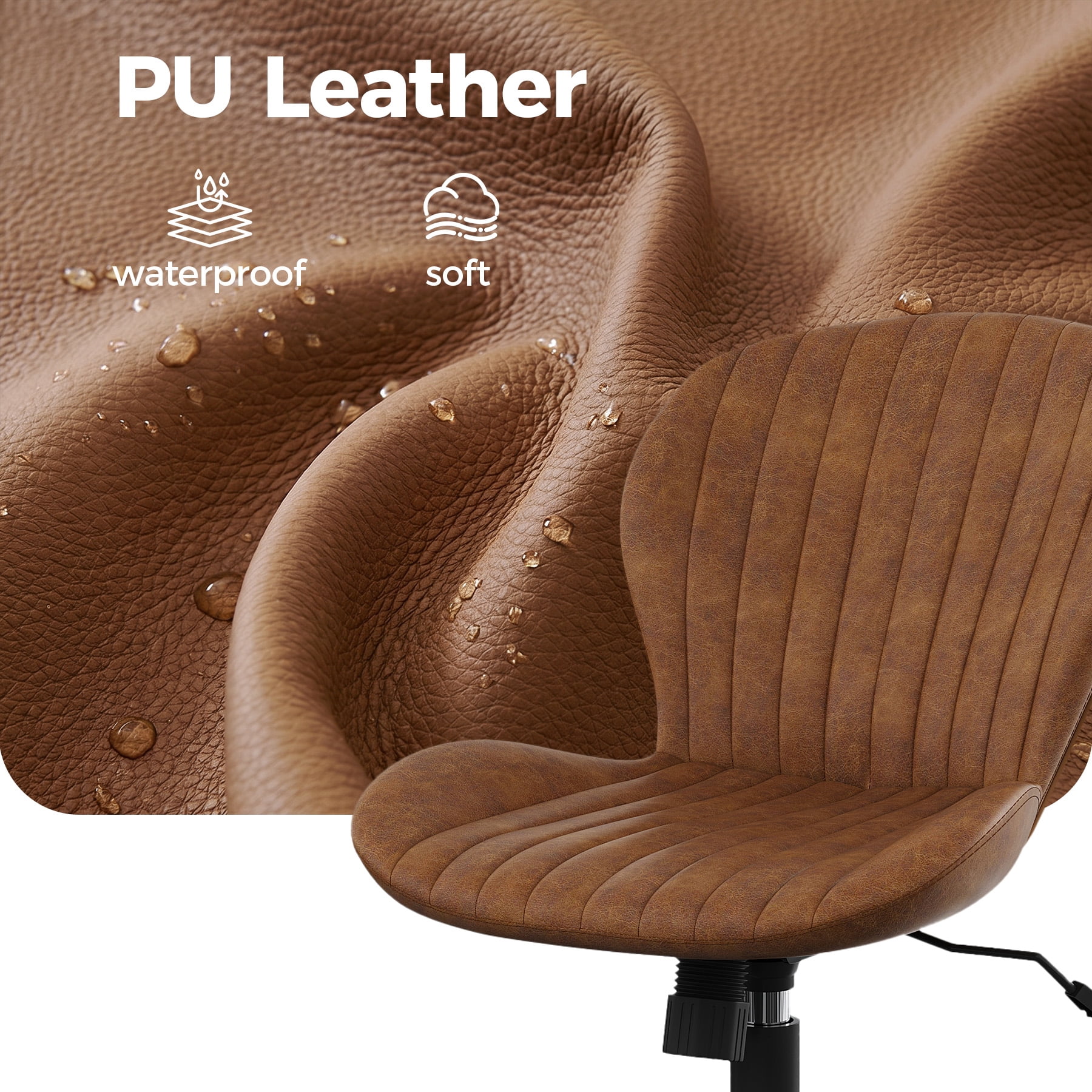 MOONMISS Mid Back PU Leather Desk Chair with Wheels,Armless Adjustable Swivel Vanity Chair for Bedroom Home Office Living Room,Brown