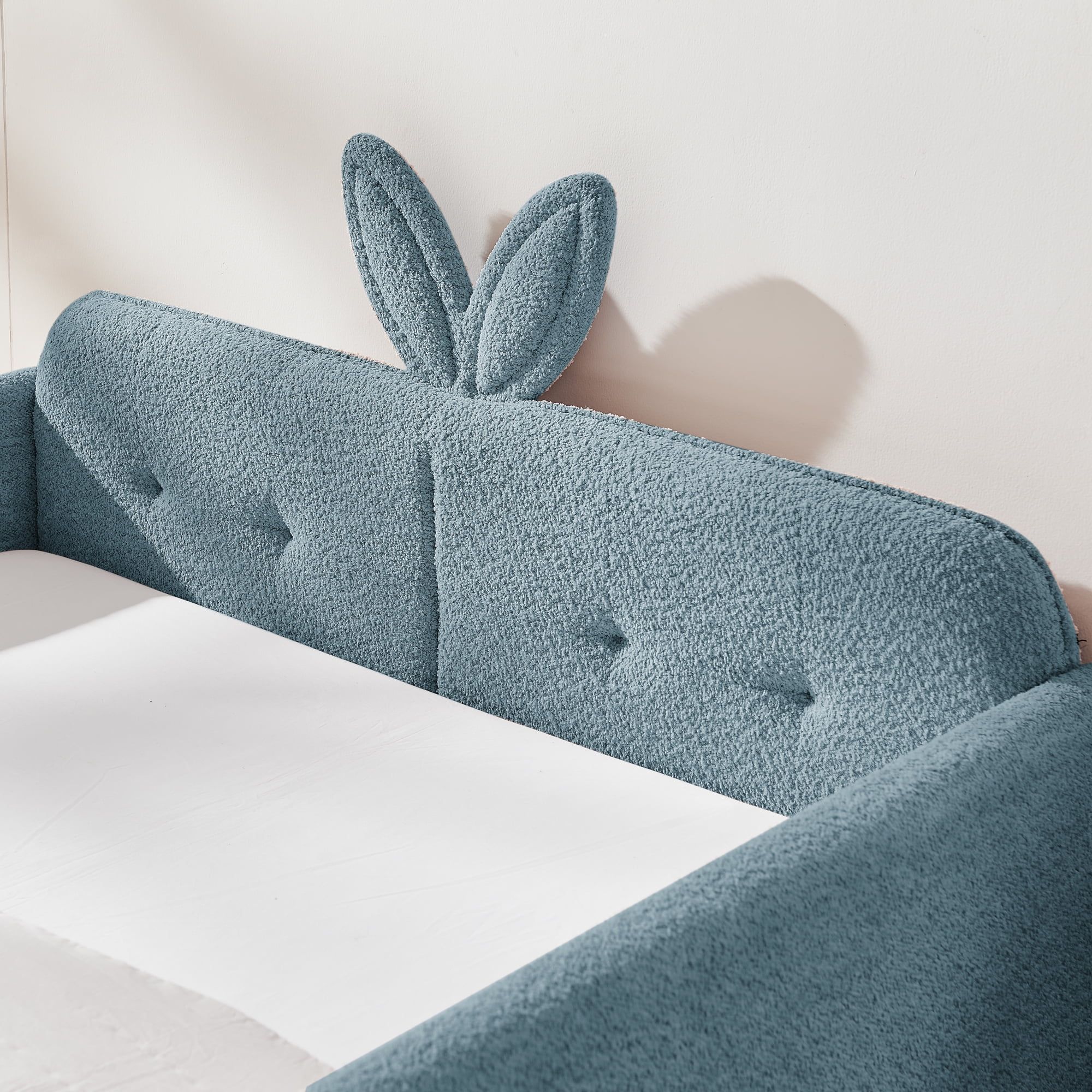 Full Size Kids Bed with Rabbit Ear Headboard, Upholstered Platform Bed with Safety Guardrail Storage Pocket Boucle Fabric for Girls Bedroom, Sky Blue