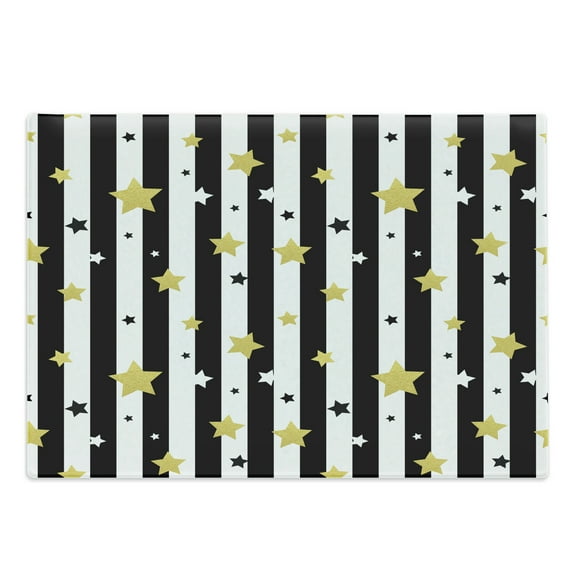 Striped Cutting Board, Black and White Lines Background with Big and Small Stars Pattern Print, Decorative Tempered Glass Cutting and Serving Board, Large Size, Black White and Yellow, by Ambesonne