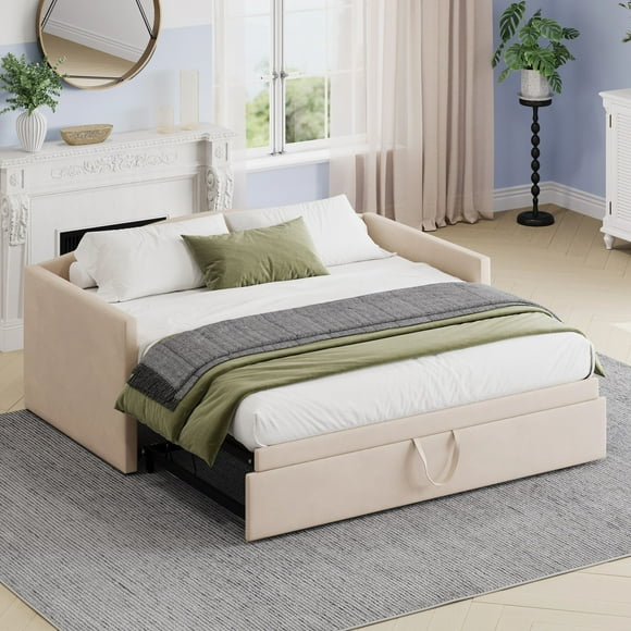 MODERNLUXE Twin Size Daybed with Extended Pop Up Trundle,Velvet Upholstered Sofa Bed Daybed with Armrests and Backrest for Guest Room,Beige