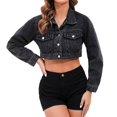 thumbnail image 2 of XMHJSMD Women Denim Tops Long Sleeve Cropped Jean Jacket Distressed Ripped Casual Jean Jacket(Black,S), 2 of 7