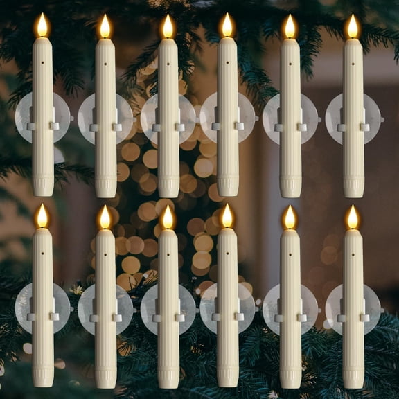 12 Pcs dusk to dawn window candles, Flameless Taper Candles with Suction Cups for Christmas Window Decor
