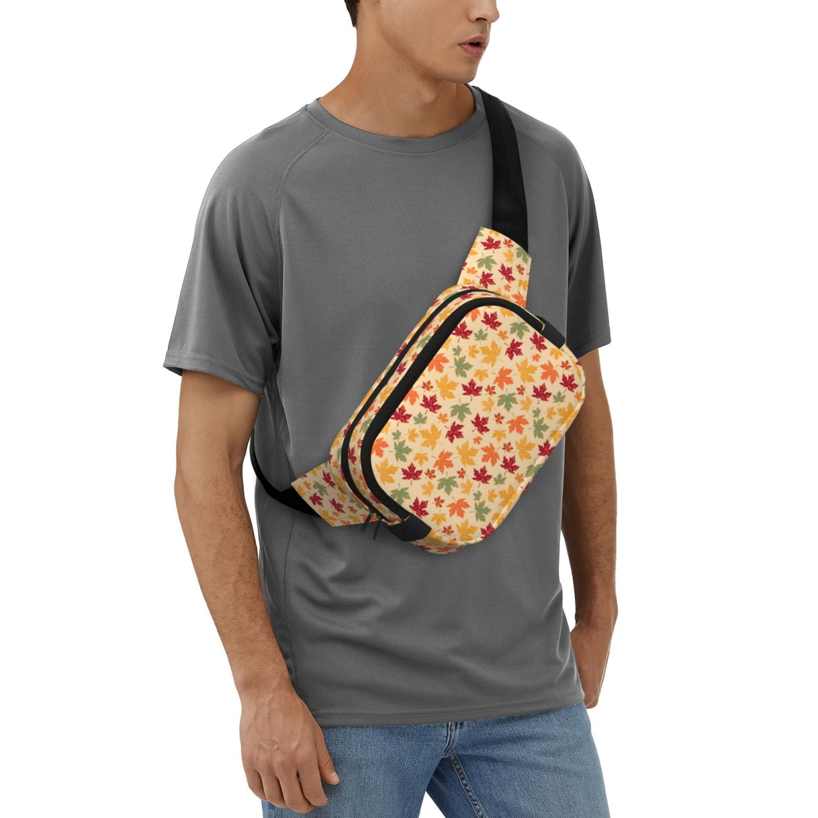 Picia Autumn Maple Leaves Print Square Double-Layer Waist Bag Mini Adjustable Waist Belt Bag Exercise Running Travel Hiking