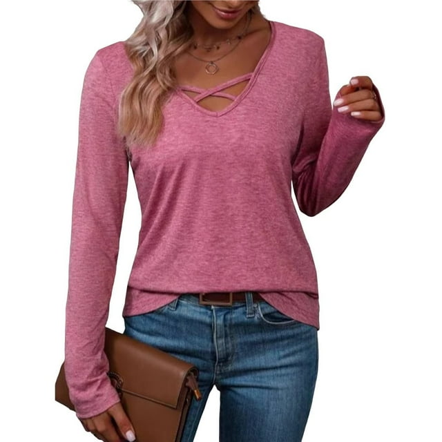 Camiseta de Larga con Cuello en V para Mujer, Estilo Casual, Cómoda, Elástica, de Color Liso. Rosa XXL