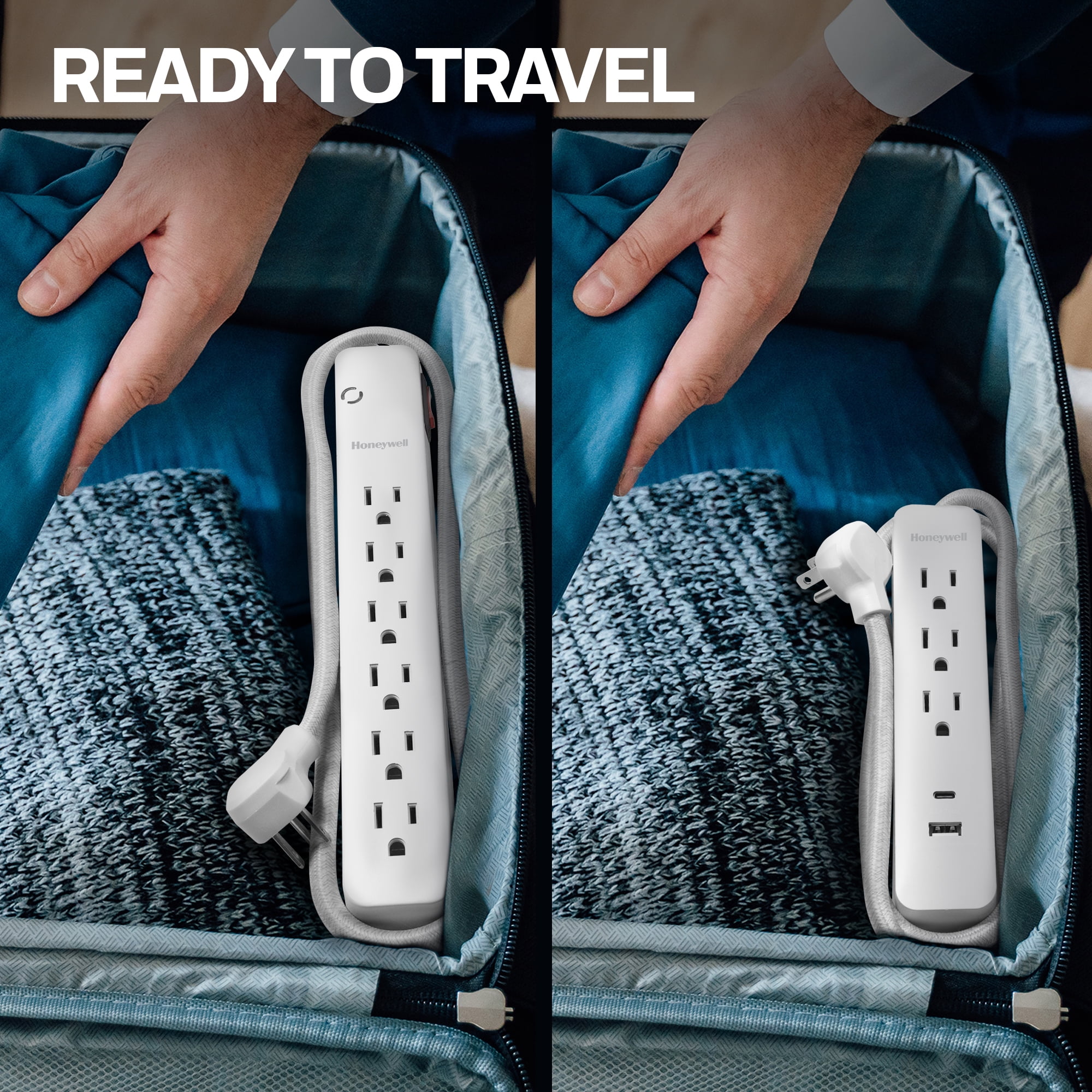 Honeywell 2-in-1 Pack Power Strips - 6 AC Outlets Surge + 3 AC 2 USB Strip (1 USB-A + 1 USB-C 2.1A) - White