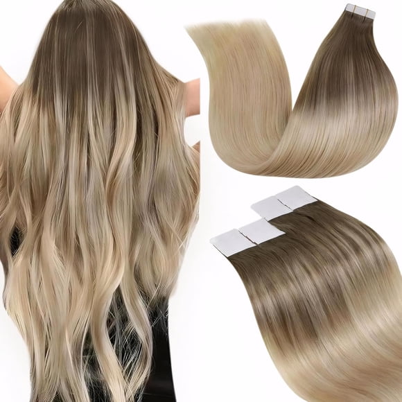 LaaVoo Tape in Hair Extensions Blonde Balayage Tape in Hair Extensions Human Hair 18inch Brown to Ash Blonde Mix Platinum Blonde Hair Extensions Tape in Human Hair 50g 20pcs