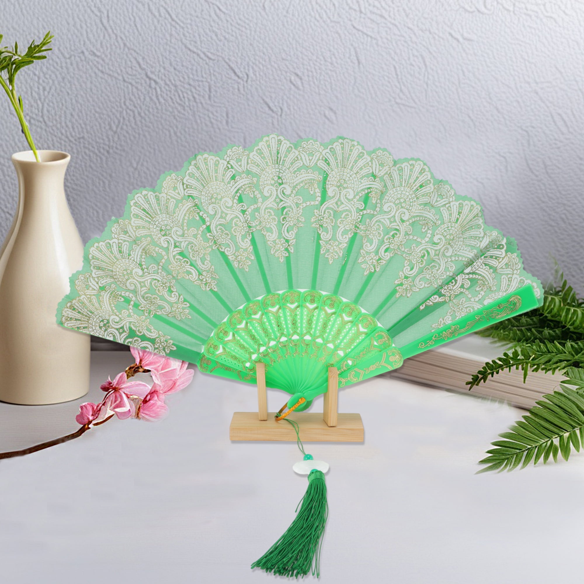 Unique Bargains Lucky Cloud Pattern Folding Fan 1 Pc for Summer Events Decorations Green