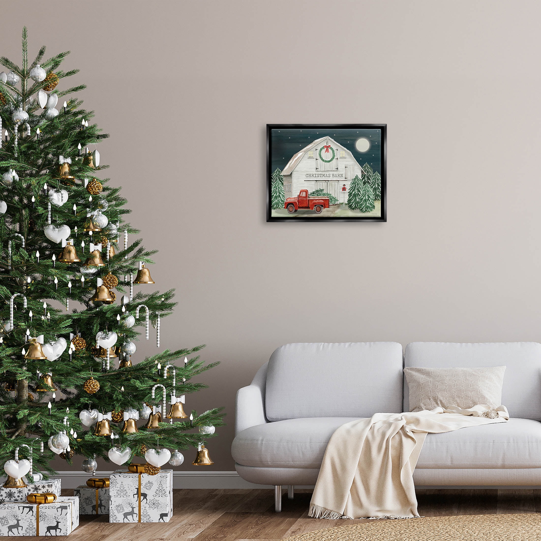 Nighttime Christmas Barn Farm Holiday Graphic Art Jet Black Framed Art Print Wall Art