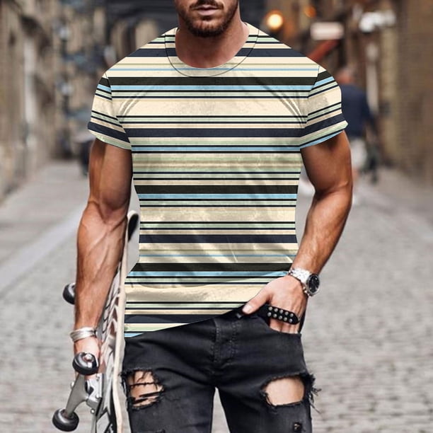 Tops para hombre, blusas y camisas de manga corta con cuello redondo para hombre, blusas de manga corta con cuello redondo y estampado de rayas para hombre, blusa para hombre