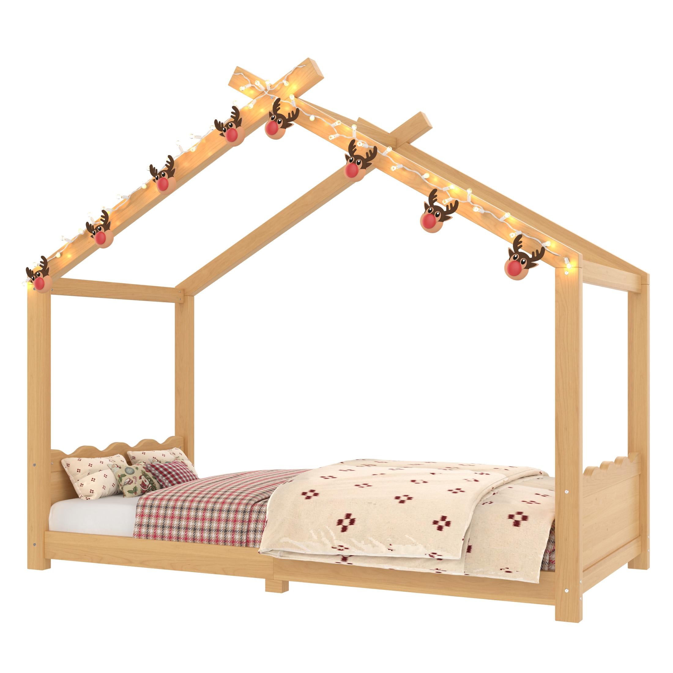 ENYOPRO House Bed with Fence,Solid Wood House Bed,Floor Bed Frame,Twin Canopy Bed for Bedroom, Twin House Floor Bed with Support Slats(Natural)