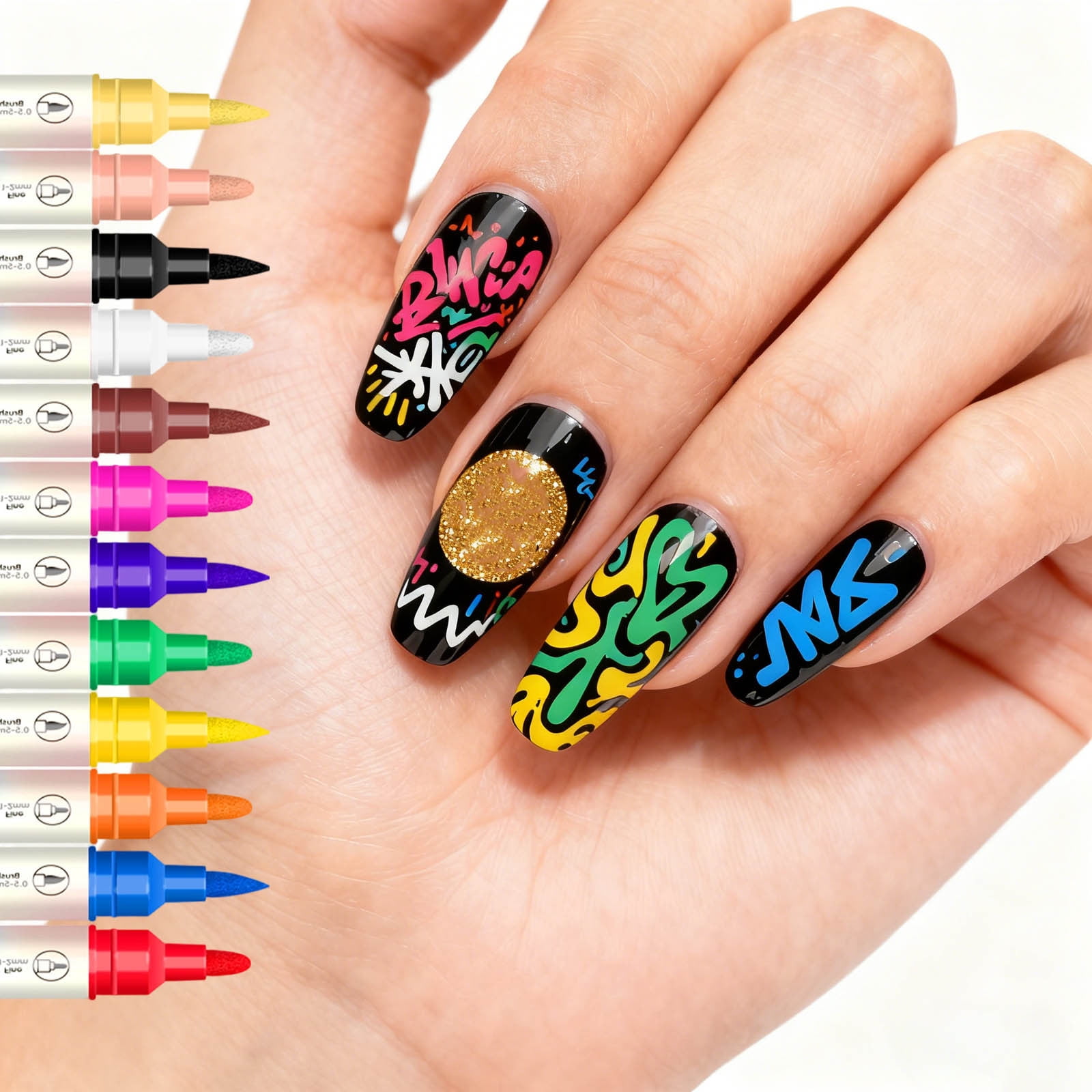 12 Colours Nail Art Pen Set, Nail Art Pen DIY Line Nail Art Graffiti, Nail Polish Pen, Nail Polish Pens for Nails, Quick-Drying Acrylic Colour Pen, for Art Drawing Painting Tools (1 Piece)