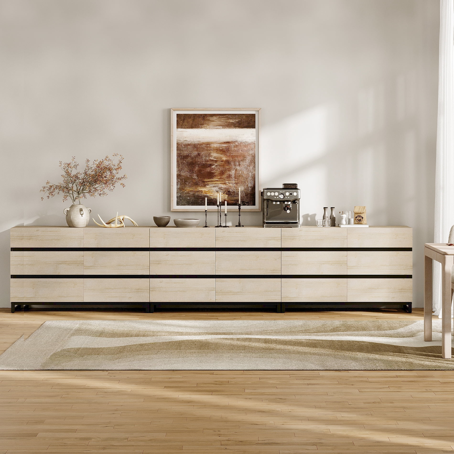 WAMPAT Modern 5-Piece Bedroom Furniture Set, 142 Inch Dresser with 18 Drawers & 2 Nightstands with Drawer and Cabinet Design, Beige