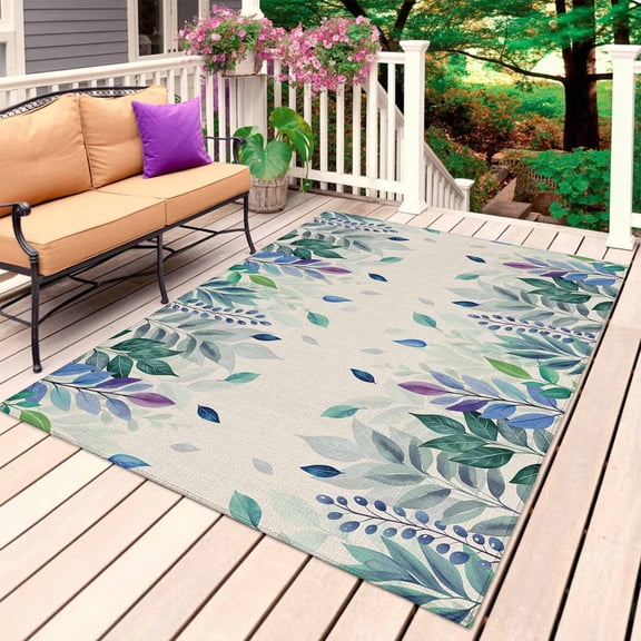 Leaf Outdoor Rug for Patio/Deck/Porch, Non-Slip Large Area Rug 5 x 7 Ft, Vintage Blue Green Purple Ombre Fruit Plant Indoor Outdoor Rugs Washable Area Rugs, Reversible Camping Rug Carpet Runner