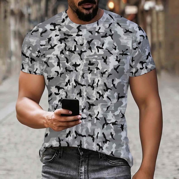 Ceisia Men's Urban Pixel Camouflage Print Crew Neck T-Shirts, Stretchy Breathable Casual Short Sleeve Tops Gifts