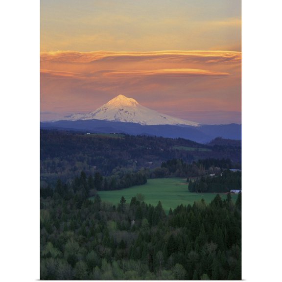 Great BIG Canvas | Rolled Janis Miglavs Poster Print entitled Sunset light colors clouds over Mt Hood, Oregon Cascades