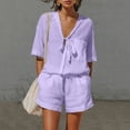 thumbnail image 2 of Kilaqueen Cotton Linen Shorts Sets for Women 2 Piece Summer Beach Vacation Outfits Tie Front Short Sleeve Tops & Shorts Lounge Set, 2 of 9