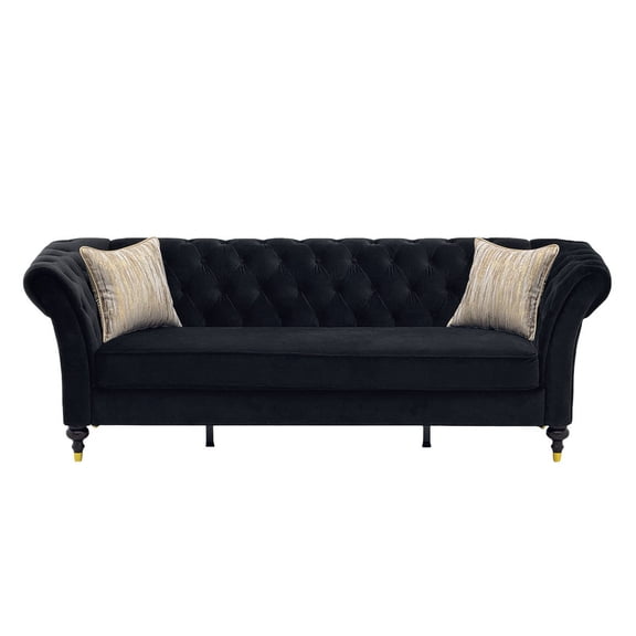 Dexqynl 88.5" Black Velvet Chesterfield Sofa with 2 Pillows, 3-Seater Tufted Couch with Rolled Arms & Carved Wood Legs, Heavy-Duty No-Sag Design for Living Room & Apartment