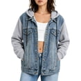 thumbnail image 2 of Otntypg Women's Splicing Hooded Jean Jacket Casual Fall Drawstring Layered Washed Long Sleeve Sweatshirt Button Down Hoodie Denim Shack Jacket with Pockets, 2 of 9