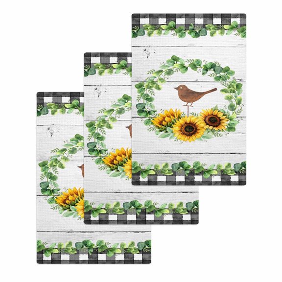 Spring Eucalyptus Sunflower Kitchen Dish Towels for Drying Dishes Set of 3, Farmhouse Birds Gray Wood Waffle Weave Microfiber Hand Tea Bathroom Towels Quick Dry & Absorbent Towel 15.7x23.6